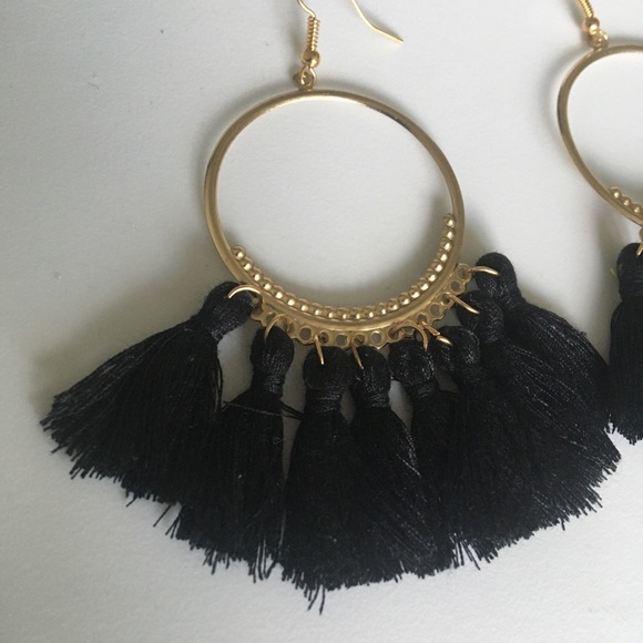 Black and Gold Fan Shaped Tasseled Earrings - Picture 4 of 9
